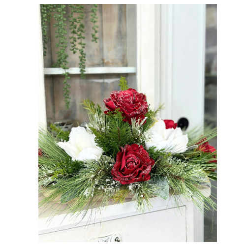 Elegant Frosted Rose & Magnolia Holiday Centerpiece Arrangement - 25x16