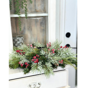 Traditional Christmas Table Candle Ring Arrangement- Red & Green Holiday Centerpiece - Artificial Pine Festive Table Candle Decor