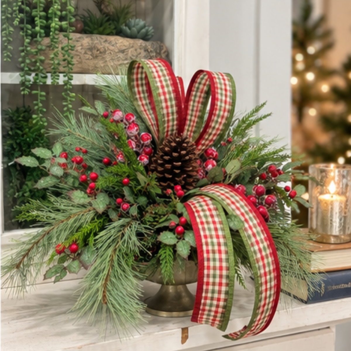 Traditional Holly Pine Christmas Arrangement in Gold Compote TCT Crafts