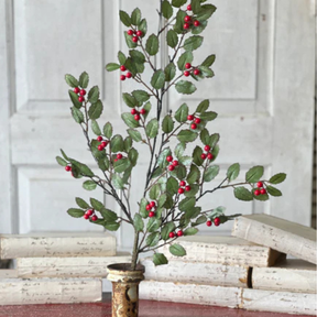 Holly Spray with Red Berries | Glittered Christmas Greenery Stem | 30" Holiday Spray-XND2001 Lancaster & Vintage
