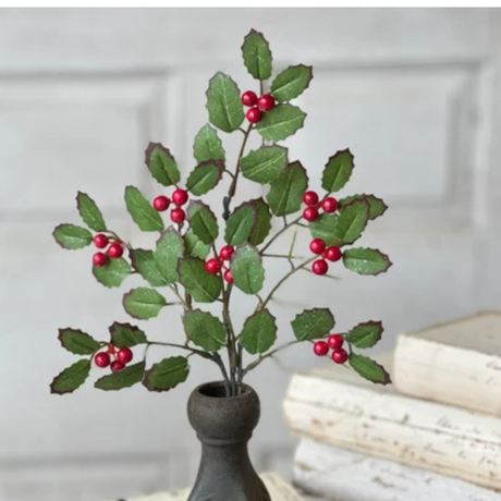 Holly Pick with Red Berries | Glittered Christmas Greenery Stem | 14" Holiday Pick-XND2002 Lancaster & Vintage