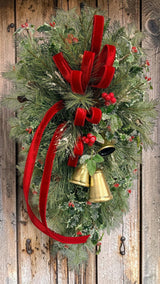 XL Designer Holly & Pine Bell Swag- Rustic Elegant Winter Front Door Decor, 40x25, Christmas Swag with Red Velvet Bow and Bells TCT Crafts