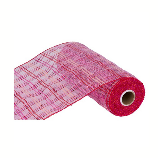 Hot Pink & Red Plaid Deco Mesh | 10"x10yd Vertical Foil Wreath Supply-RE136866 Craig Bachman