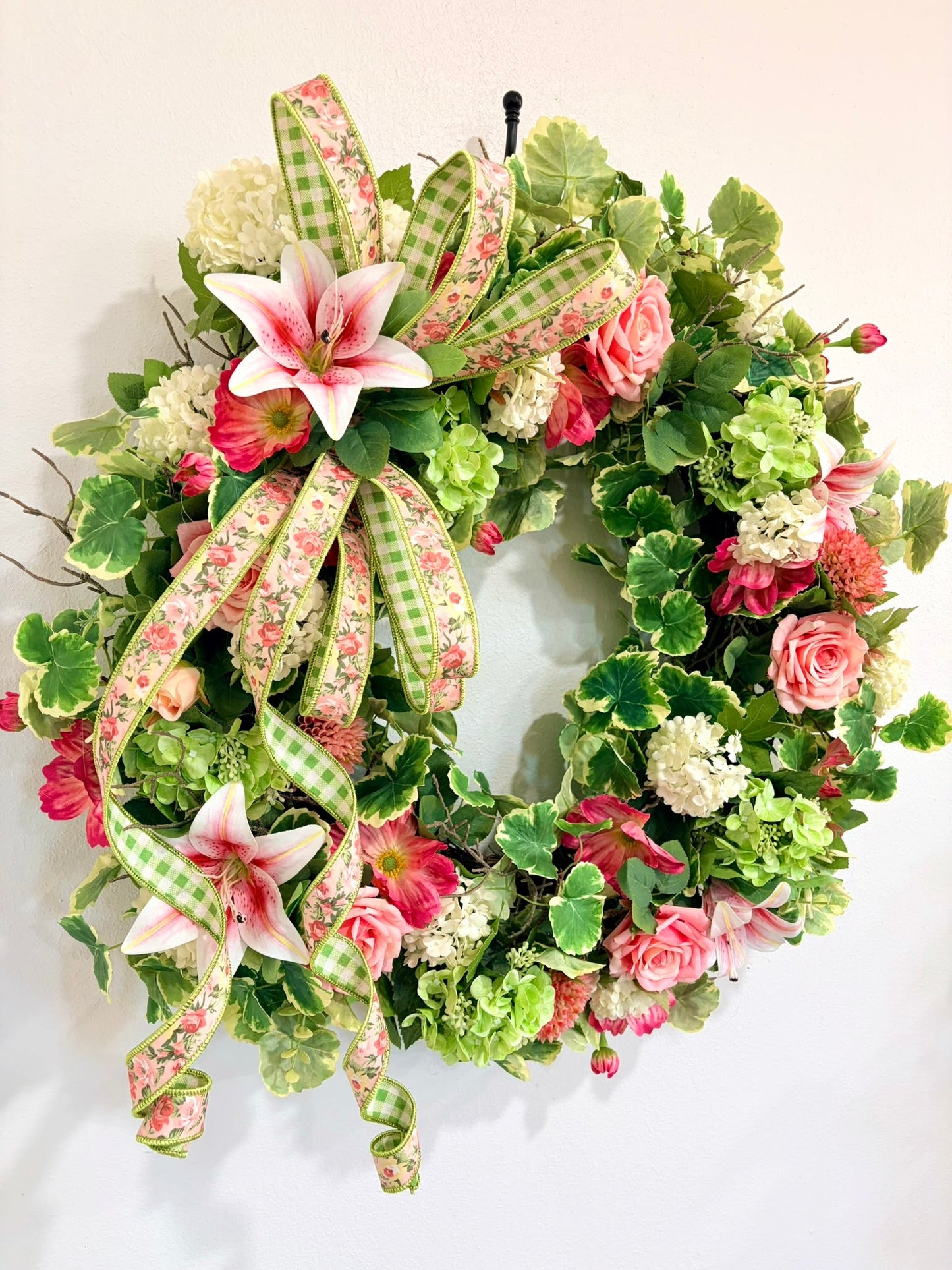 26 Inch Spring Geranium Grapevine Wreath with Roses & Hydrangeas TCT Crafts