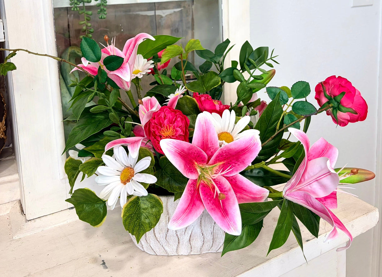 Spring Lily & Daisy Arrangement in Cement Planter TCT Crafts
