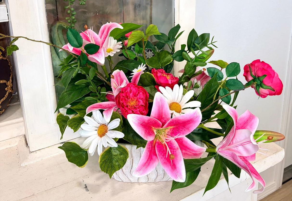 Spring Lily & Daisy Arrangement in Cement Planter TCT Crafts