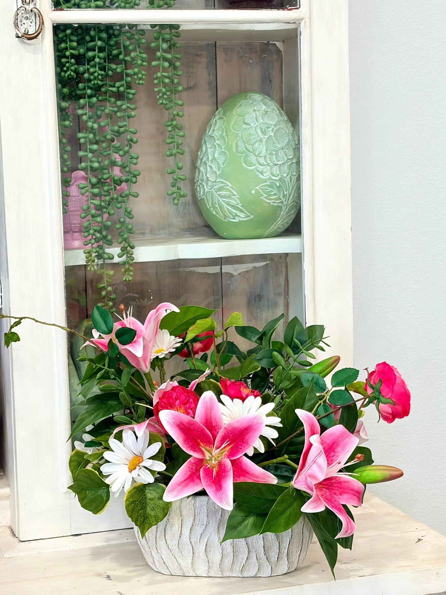 Spring Lily & Daisy Arrangement in Cement Planter TCT Crafts