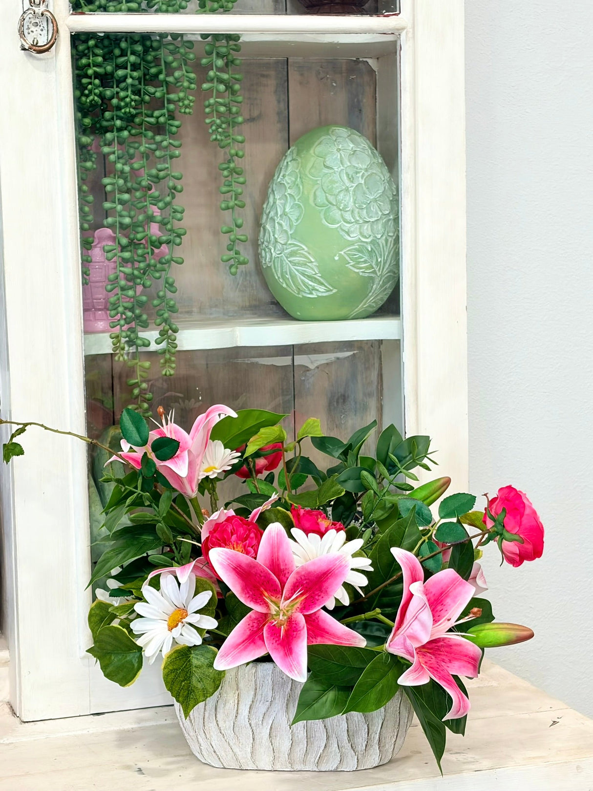 Spring Lily & Daisy Arrangement in Cement Planter TCT Crafts