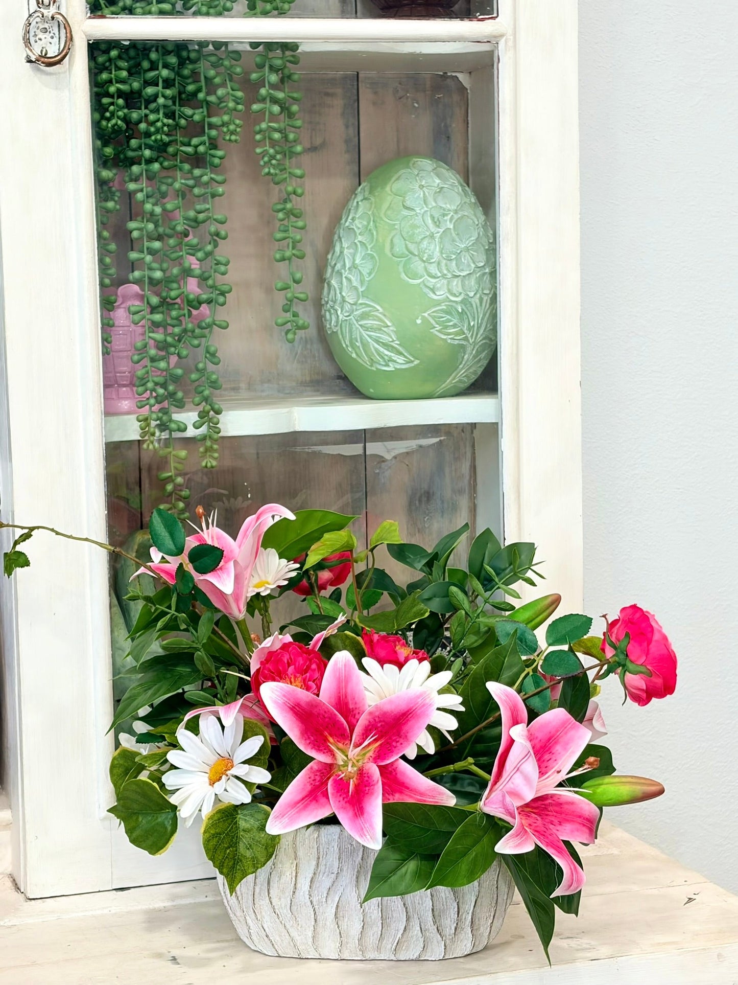 Spring Lily & Daisy Arrangement in Cement Planter TCT Crafts