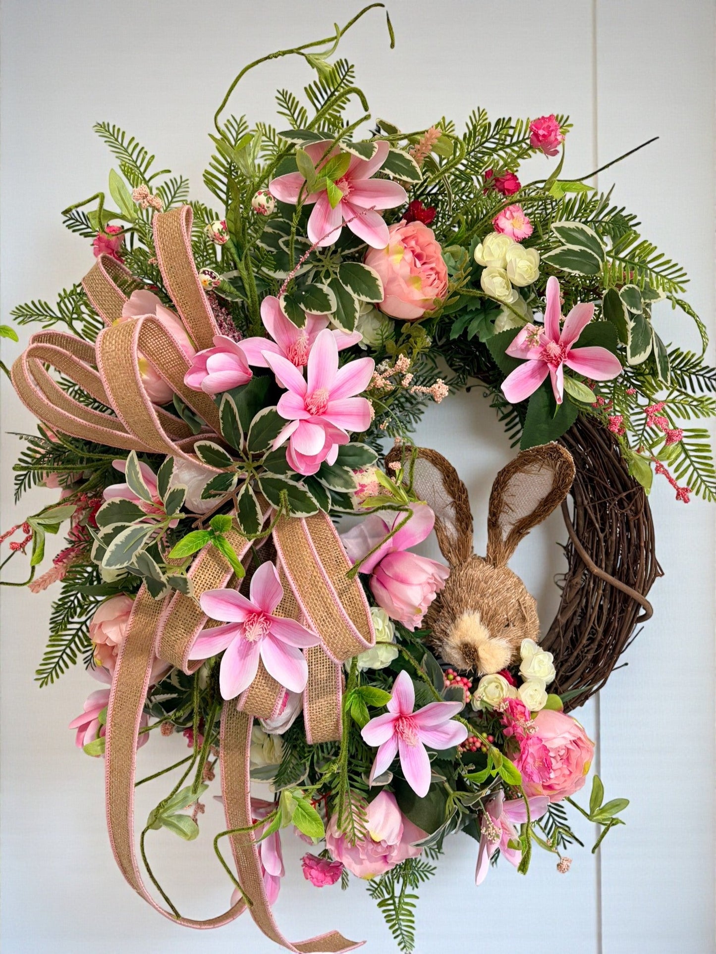 Spring Bunny Grapevine Wreath with Pink Magnolias & Peonies TCT Crafts