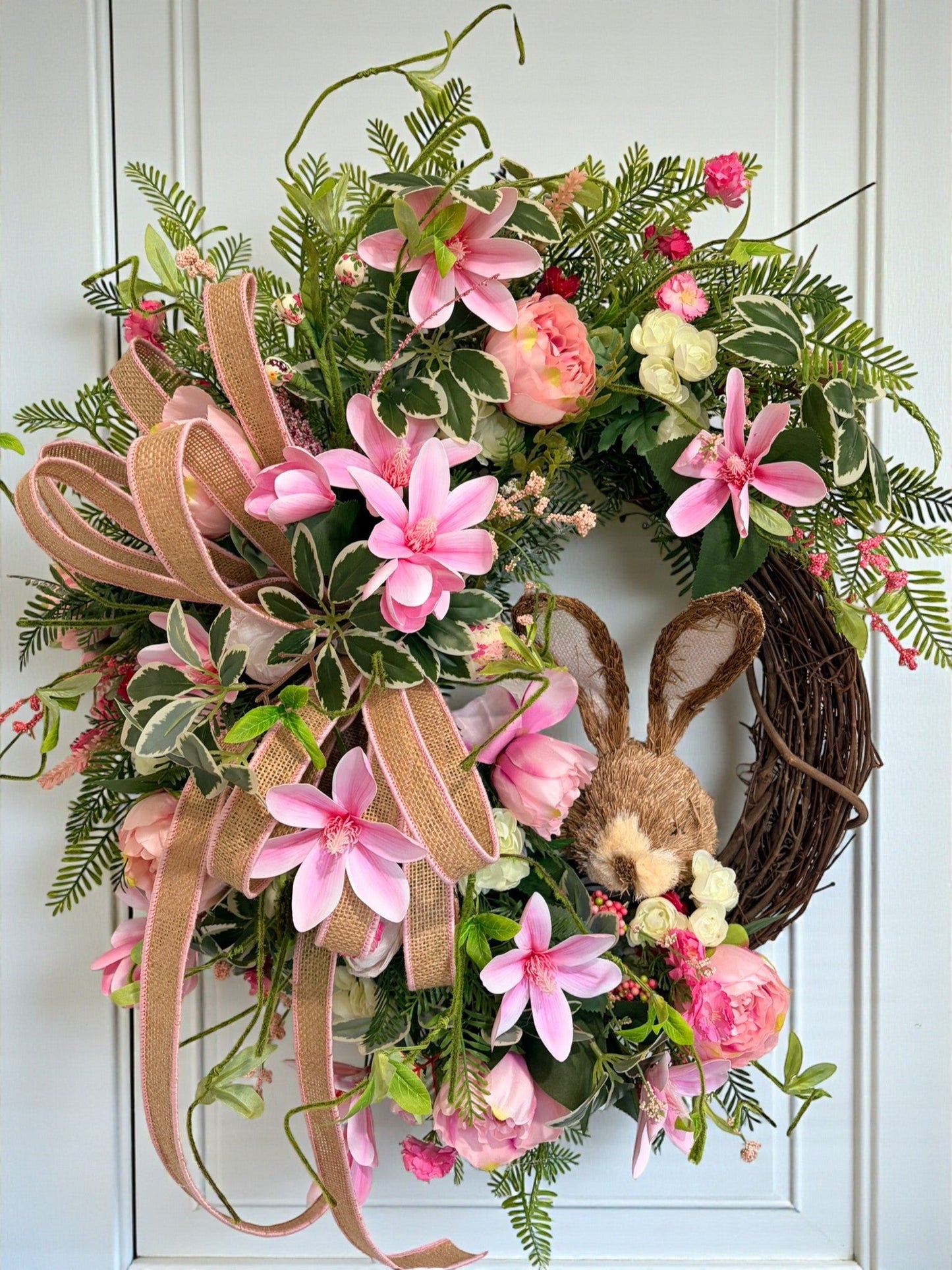 Spring Bunny Grapevine Wreath with Pink Magnolias & Peonies TCT Crafts