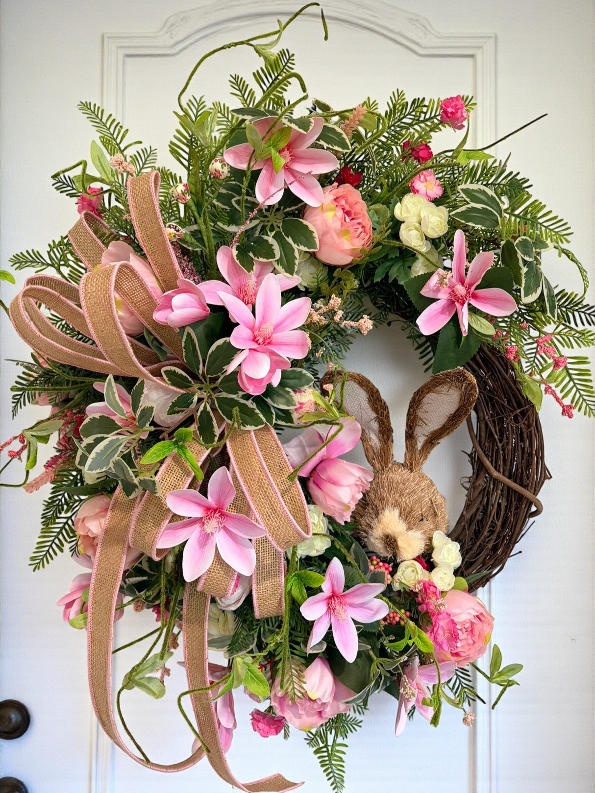 Spring Bunny Grapevine Wreath with Pink Magnolias & Peonies TCT Crafts