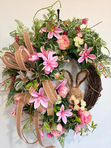 Spring Bunny Grapevine Wreath with Pink Magnolias & Peonies TCT Crafts