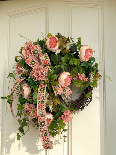 Pink Peony Hydrangea Spring Wreath Cottage Garden Door Decor TCT Crafts