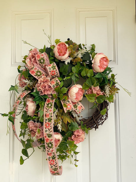 Pink Peony Hydrangea Spring Wreath Cottage Garden Door Decor TCT Crafts