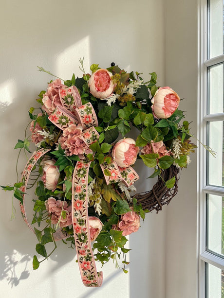 Pink Peony Hydrangea Spring Wreath Cottage Garden Door Decor TCT Crafts
