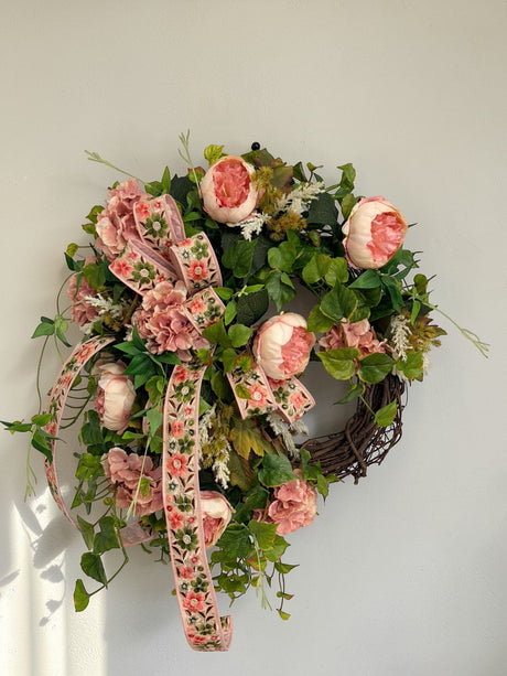 Pink Peony Hydrangea Spring Wreath Cottage Garden Door Decor TCT Crafts