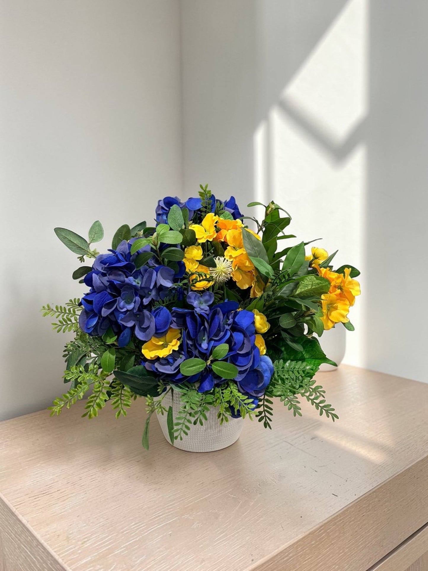 Blue Hydrangea Yellow Primrose Floral Arrangement Spring Centerpiece TCT Crafts