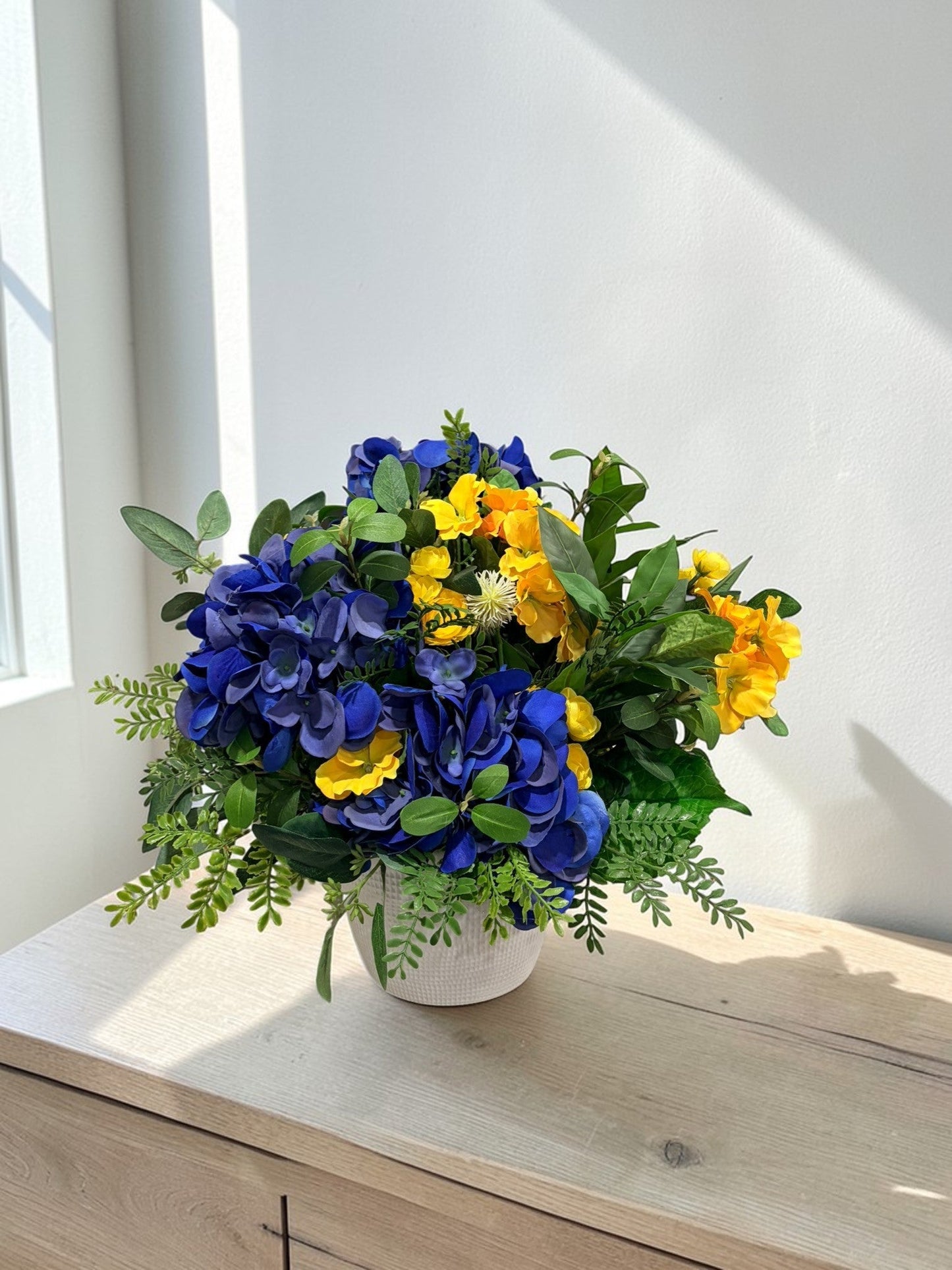 Blue Hydrangea Yellow Primrose Floral Arrangement Spring Centerpiece TCT Crafts