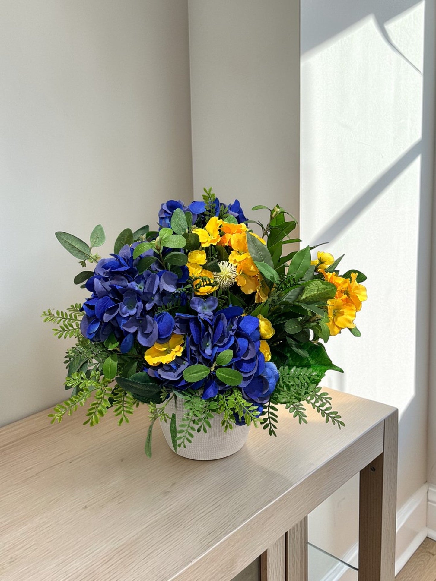Blue Hydrangea Yellow Primrose Floral Arrangement Spring Centerpiece TCT Crafts