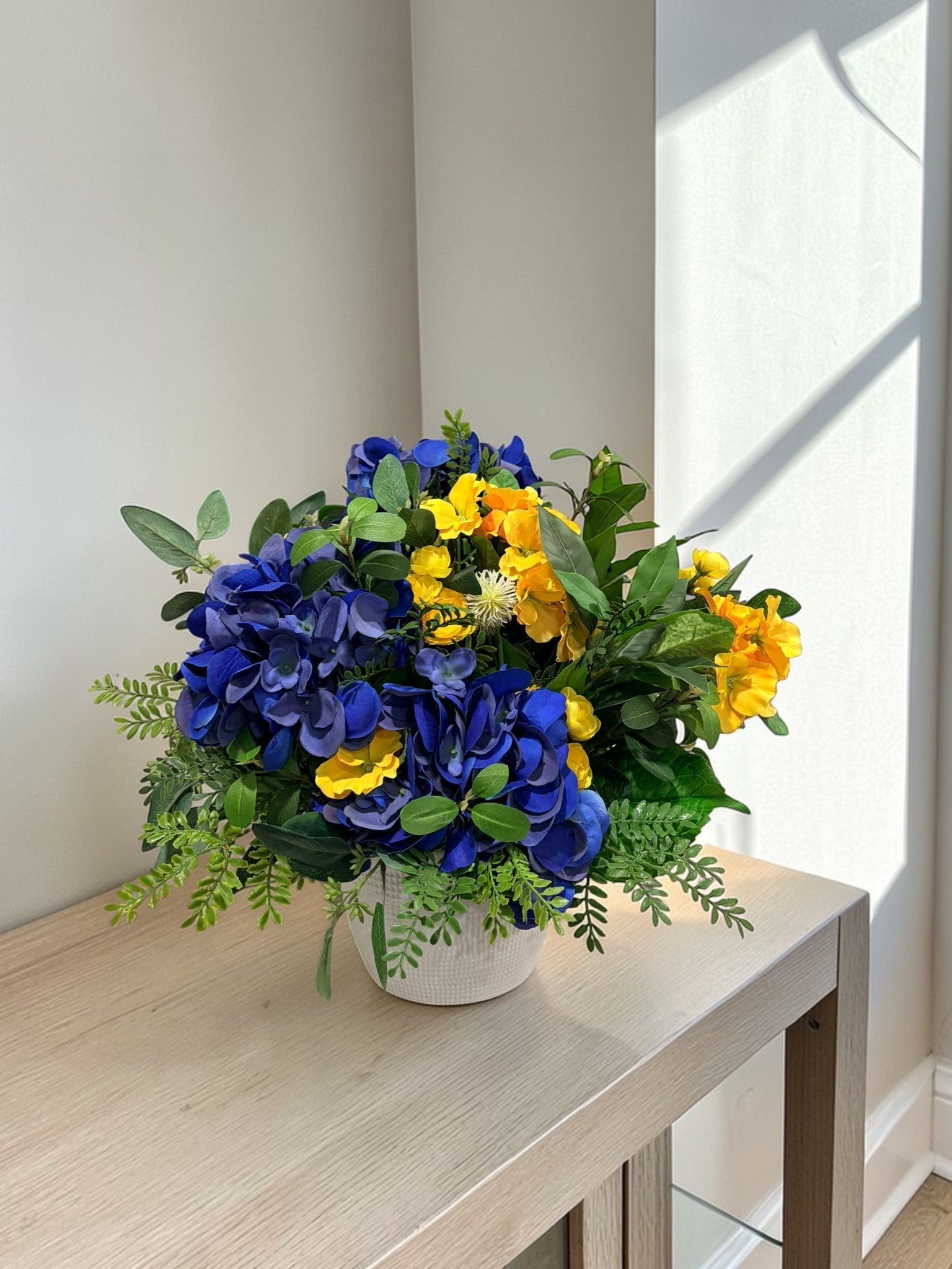 Blue Hydrangea Yellow Primrose Floral Arrangement Spring Centerpiece TCT Crafts
