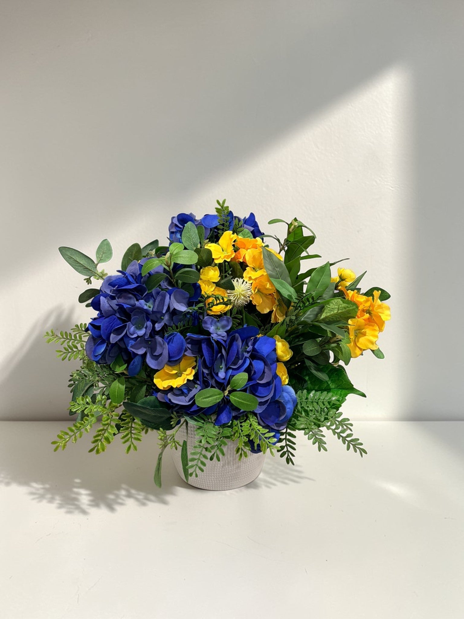 Blue Hydrangea Yellow Primrose Floral Arrangement Spring Centerpiece TCT Crafts