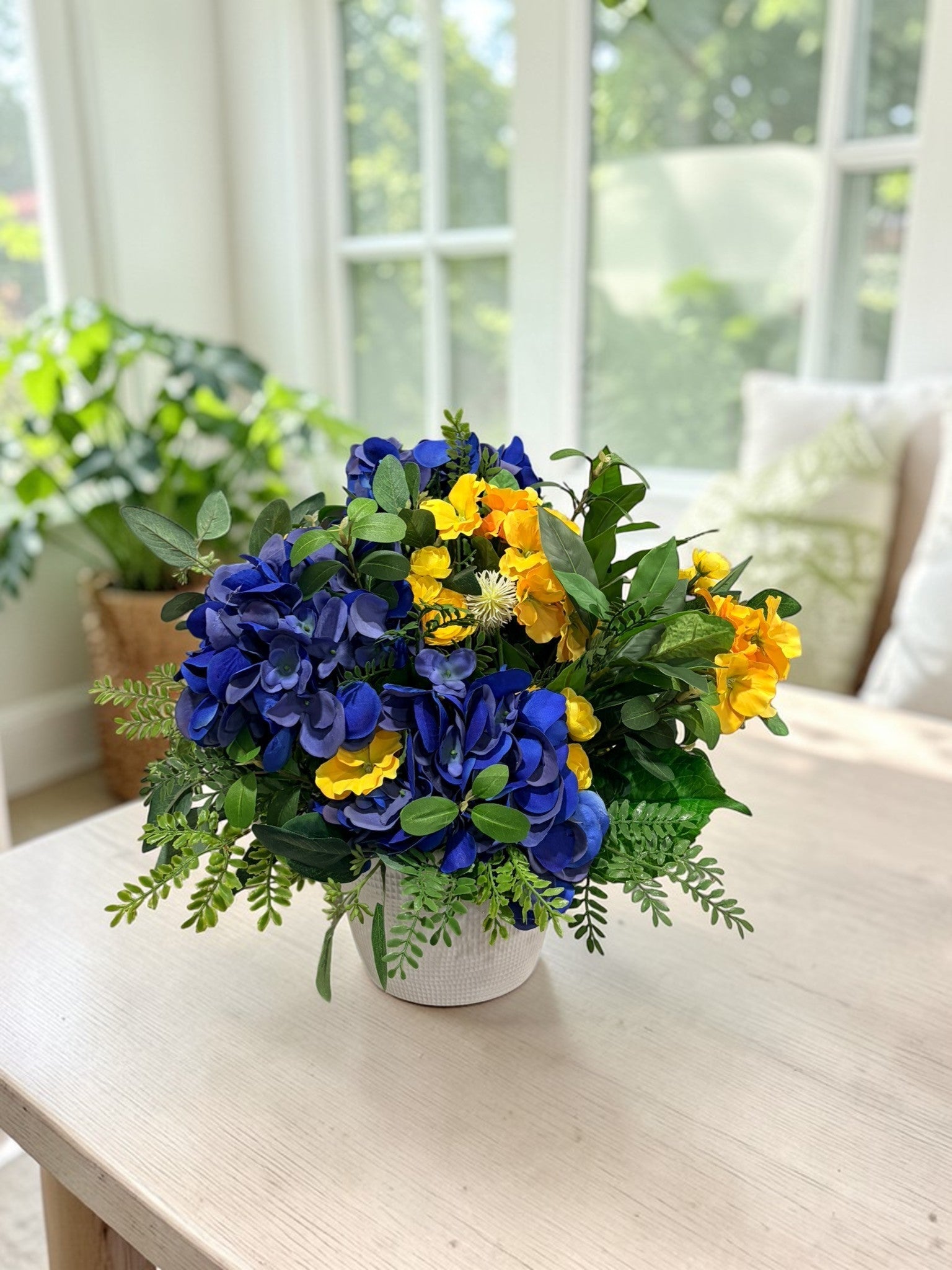 Blue Hydrangea Yellow Primrose Floral Arrangement Spring Centerpiece TCT Crafts