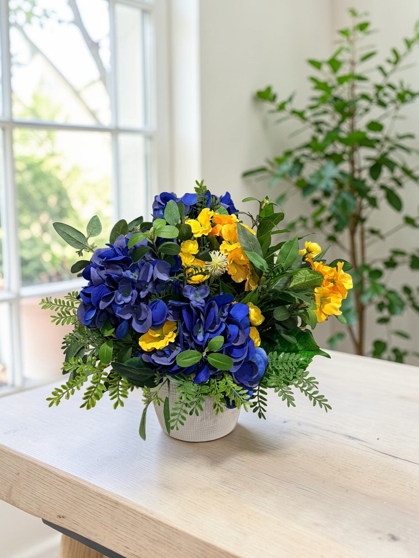 Blue Hydrangea Yellow Primrose Floral Arrangement Spring Centerpiece TCT Crafts