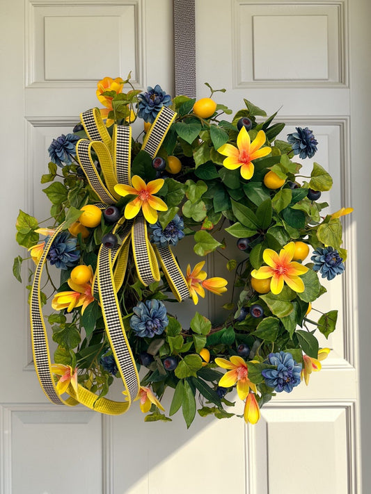 Summer Lemon Blueberry Wreath Yellow Magnolia Front Door Decor TCT Crafts
