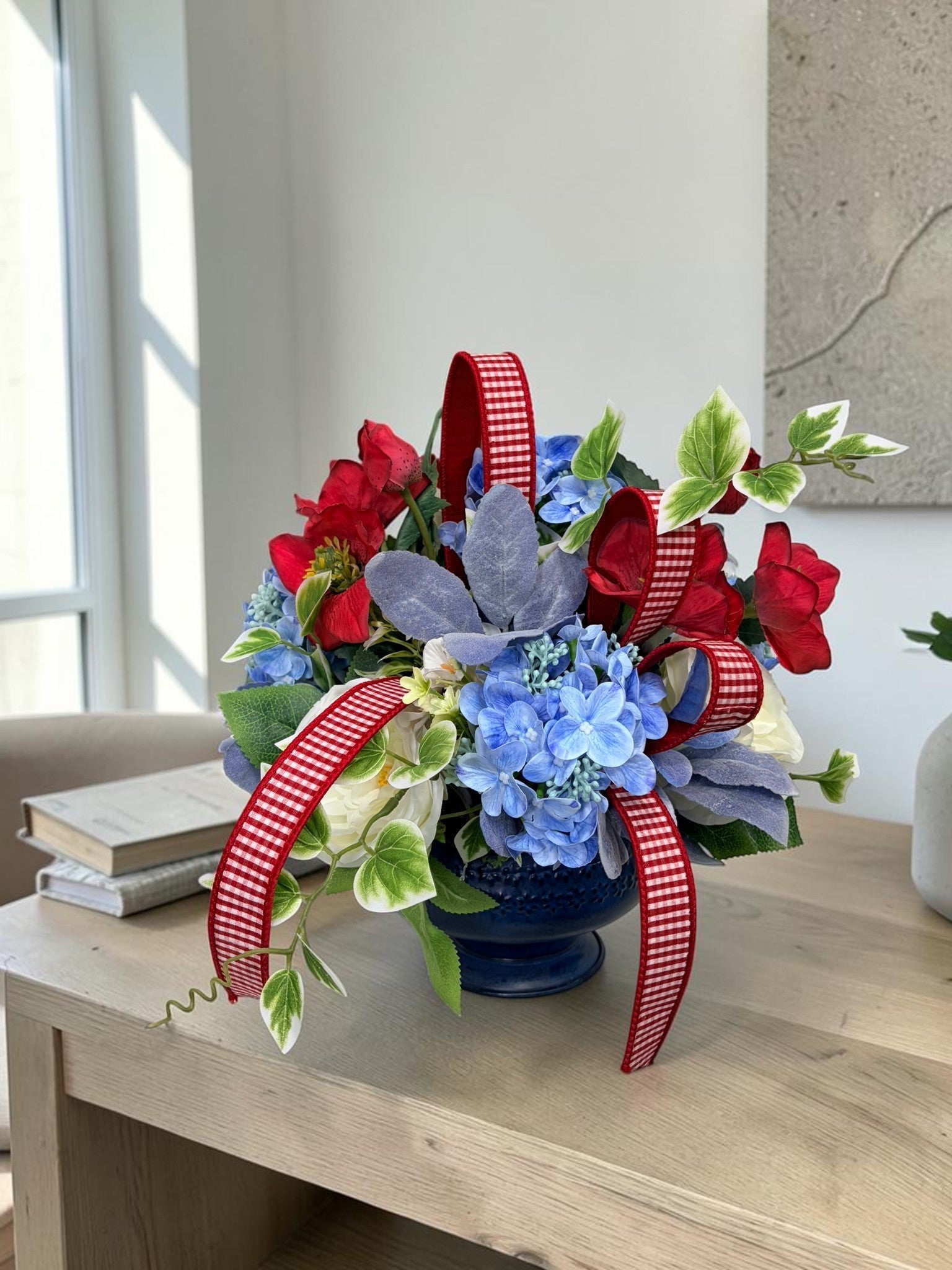 Patriotic Floral Centerpiece in Blue Compote for Summer Home Decor TCT Crafts