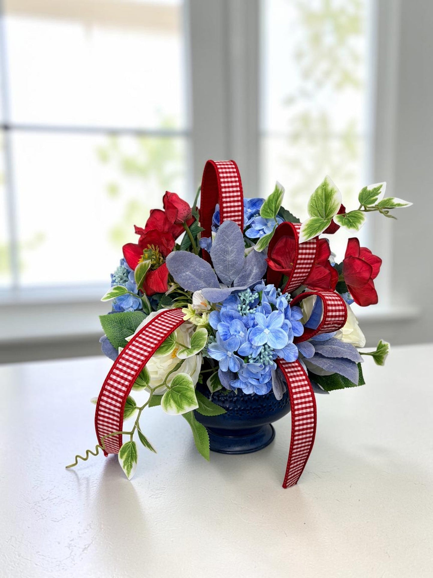 Patriotic Floral Centerpiece in Blue Compote for Summer Home Decor TCT Crafts