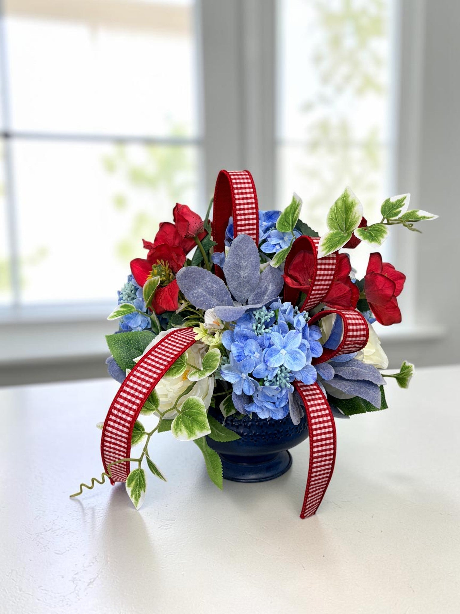Patriotic Floral Centerpiece in Blue Compote for Summer Home Decor TCT Crafts