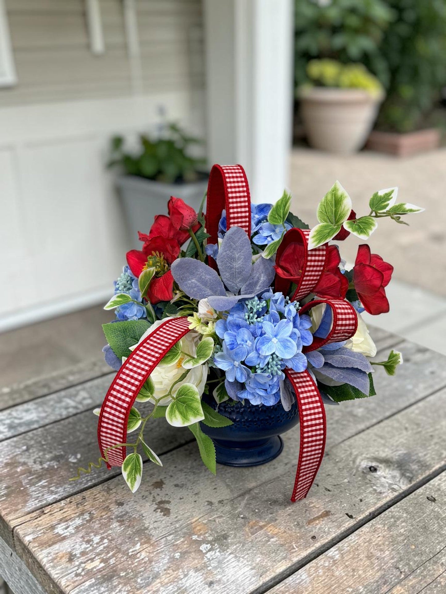 Patriotic Floral Centerpiece in Blue Compote for Summer Home Decor TCT Crafts