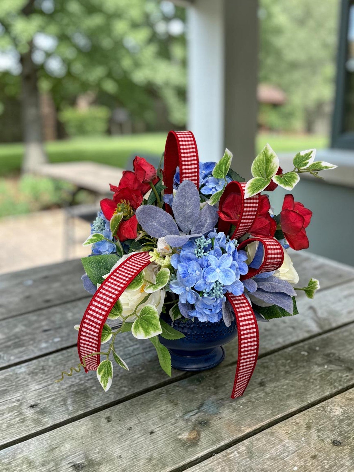 Patriotic Floral Centerpiece in Blue Compote for Summer Home Decor TCT Crafts