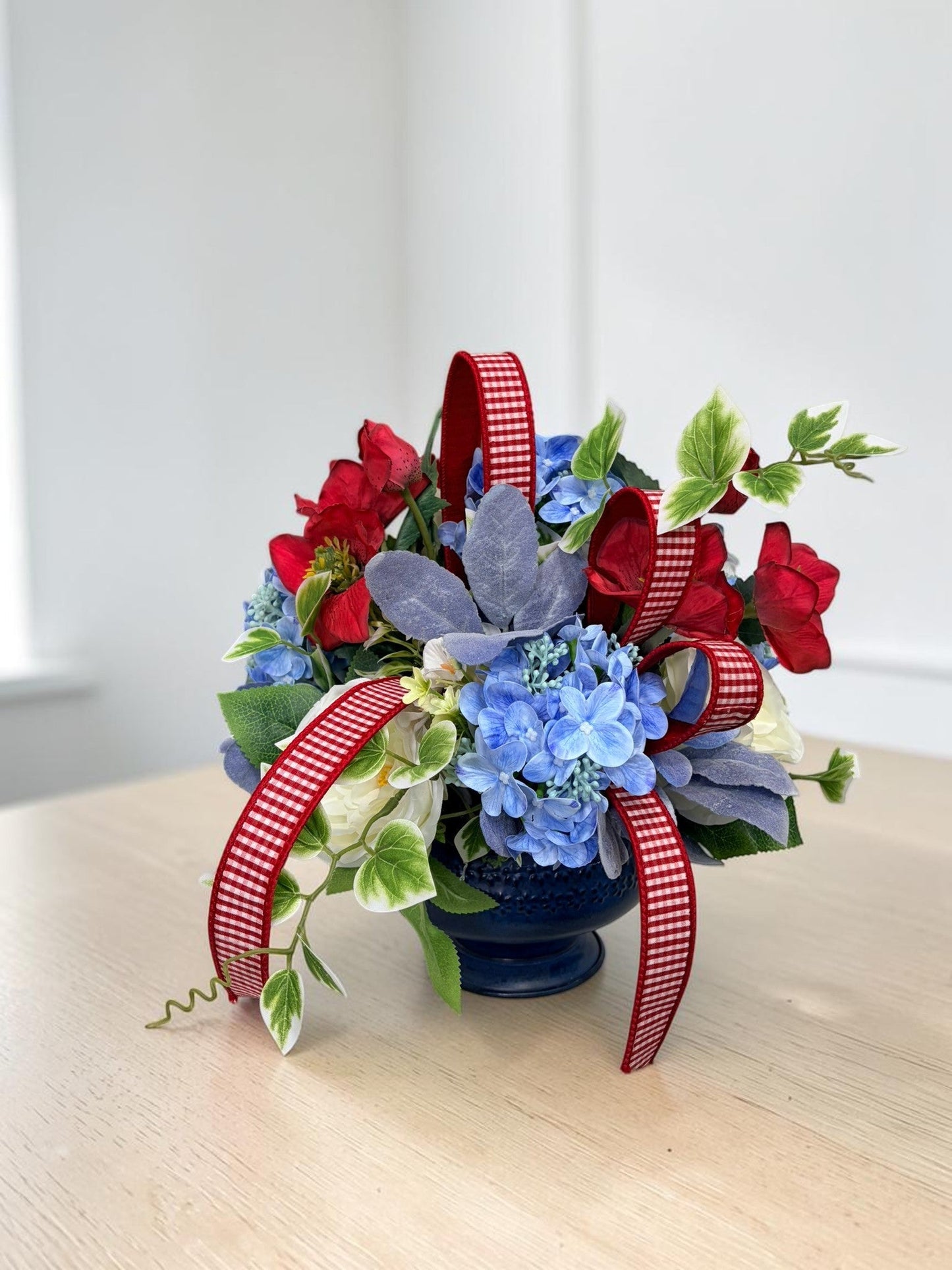 Patriotic Floral Centerpiece in Blue Compote for Summer Home Decor TCT Crafts