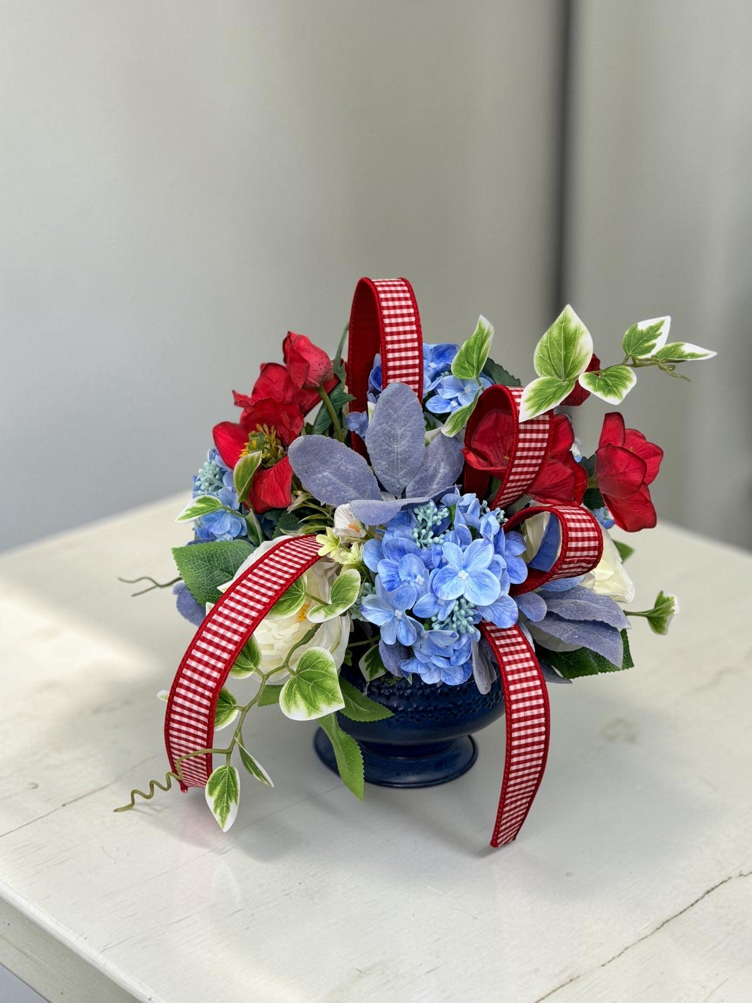 Patriotic Floral Centerpiece in Blue Compote for Summer Home Decor TCT Crafts