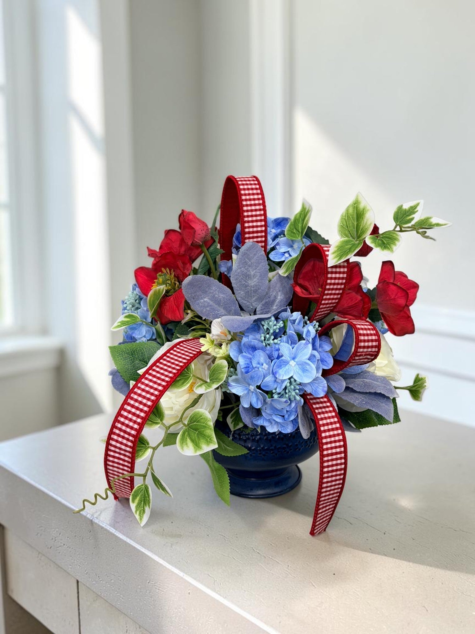 Patriotic Floral Centerpiece in Blue Compote for Summer Home Decor TCT Crafts