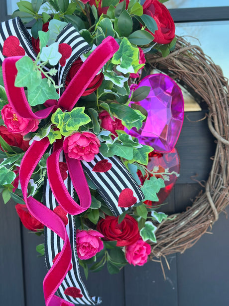 Valentine’s Day Floral Grapevine Wreath - 23"x20" Jewel Heart Accents