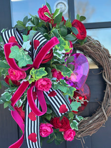 Valentine’s Day Floral Grapevine Wreath - 23"x20" Jewel Heart Accents