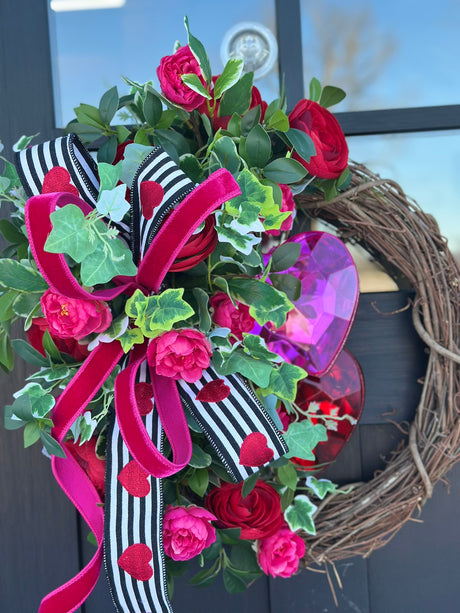 Valentine’s Day Floral Grapevine Wreath - 23"x20" Jewel Heart Accents