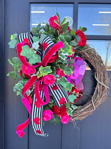 Valentine’s Day Floral Grapevine Wreath - 23"x20" Jewel Heart Accents