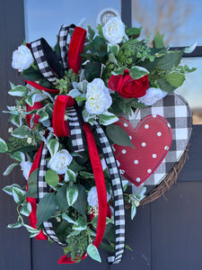 Rustic Valentine's Day Heart Grapevine Wreath | Red & White Floral Door Decor