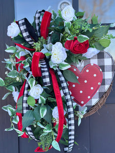 Rustic Valentine's Day Heart Grapevine Wreath | Red & White Floral Door Decor