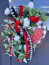 Load image into Gallery viewer, Rustic Valentine&#39;s Day Heart Grapevine Wreath | Red &amp; White Floral Door Decor