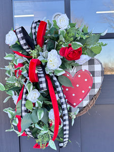 Rustic Valentine's Day Heart Grapevine Wreath | Red & White Floral Door Decor