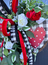 Load image into Gallery viewer, Rustic Valentine&#39;s Day Heart Grapevine Wreath | Red &amp; White Floral Door Decor