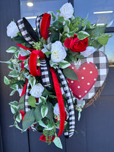 Load image into Gallery viewer, Rustic Valentine&#39;s Day Heart Grapevine Wreath | Red &amp; White Floral Door Decor