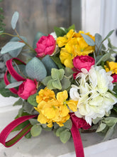 Load image into Gallery viewer, Spring Artificial Dough Bowl Floral Arrangement with Hydrangeas &amp; Greenery