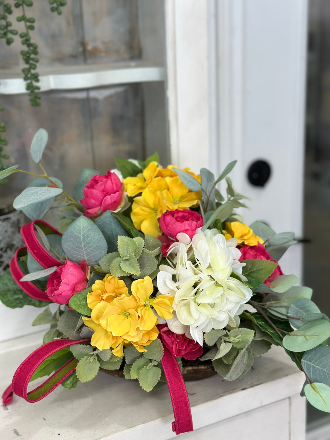 Spring Artificial Dough Bowl Floral Arrangement with Hydrangeas & Greenery