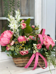 Easter Bunny Spring Centerpiece with Pink Peonies & Moss Bunny